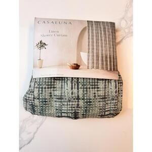 Casaluna Linen Blend Plaid Shower Curtain Green 72x72 Modern NIB